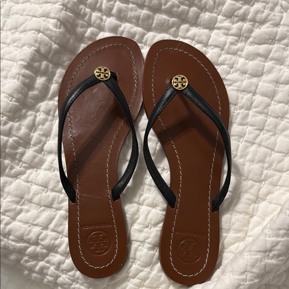 Tory Burch Black Strap Brown Sole Sandals